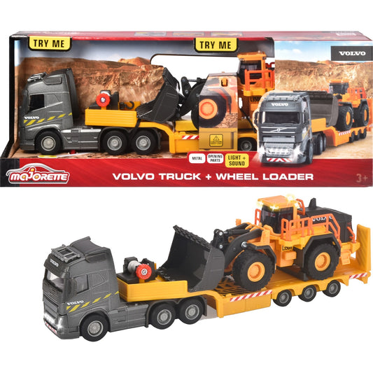 Majorette Volvo Truck FH-16 mit Auflieger und Radlader (orange/grau, Mit Licht und Sound)