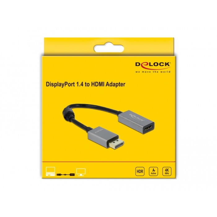 DeLOCK Aktiver Adapter Displayport 1.4 > HDMI Buchse 4K 60Hz (grau/schwarz, 20cm)