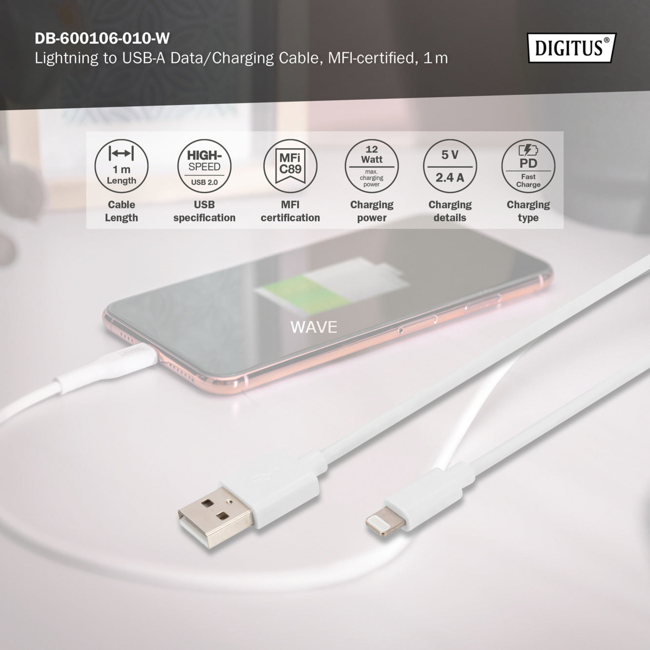 USB 2.0 Daten-/Ladekabel USB-A > Lightning, MFI zertifiziert