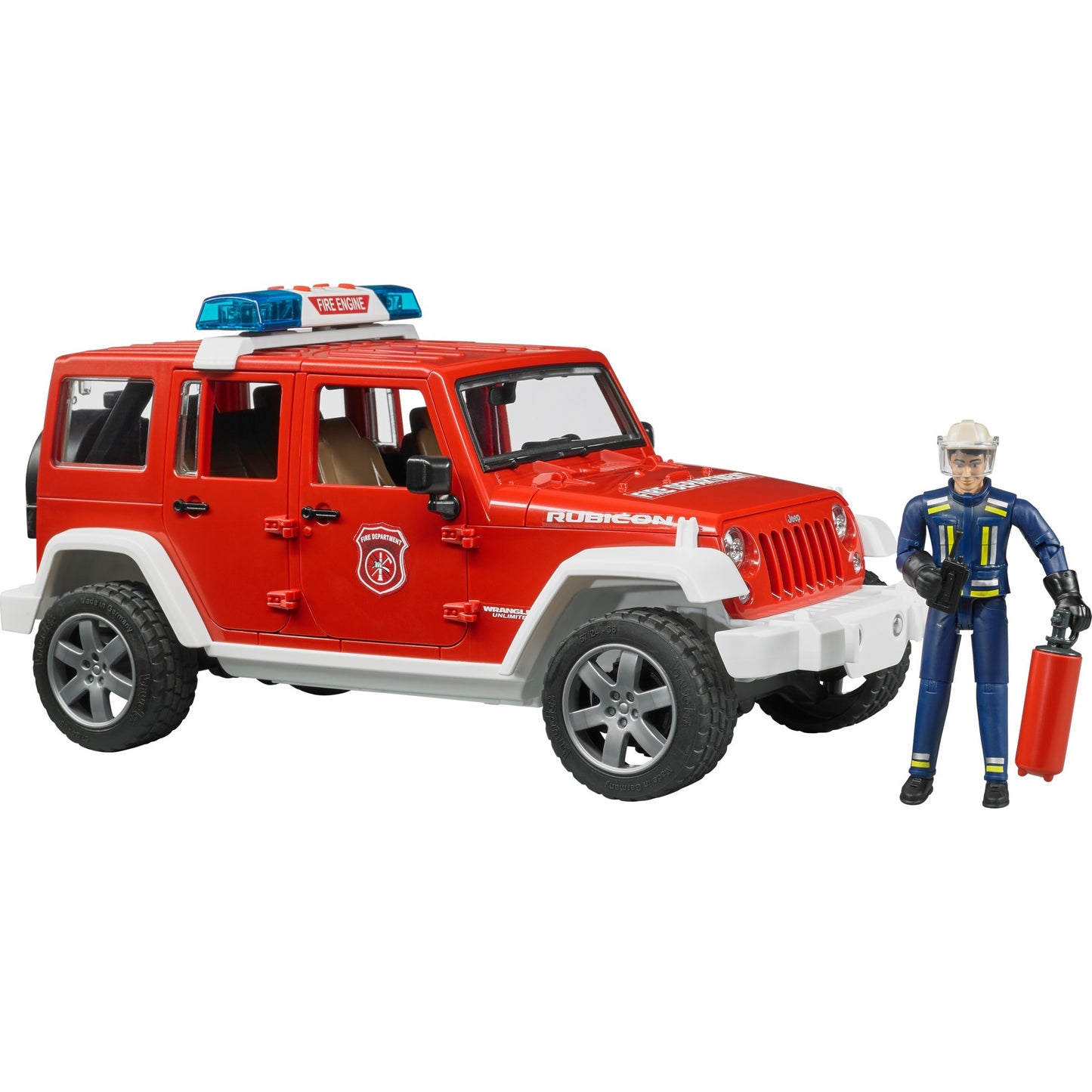 BRUDER Jeep Wrangler Unlimited Rubicon Feuerwehrfahrzeug mit Feuerwehrmann (rot/weiss)