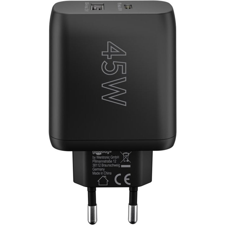 Goobay USB-C PD Dual-Schnellladegerät 45 Watt (schwarz, 1x USB-A, 1x USB-C PD, GaN-Technologie)