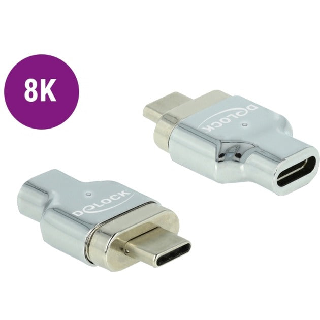 DeLOCK USB 3.2 Gen 2 Magnetischer Adapter, USB-C Stecker > USB-C Buchse (silber, 8K 30Hz, Thunderbolt 3, PD, Laden mit bis zu 100 Watt)