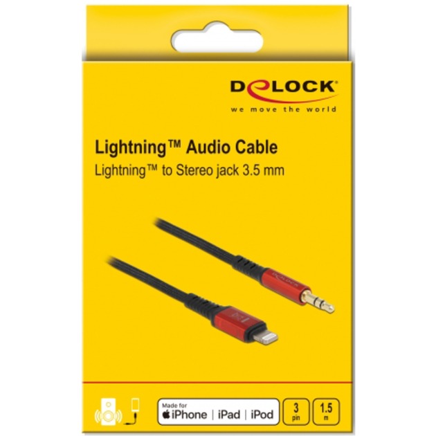 DeLOCK Audiokabel 8Pin Lightning Stecker > Klinkenstecker 3,5mm 3Pin (schwarz/rot, 1,5 Meter)