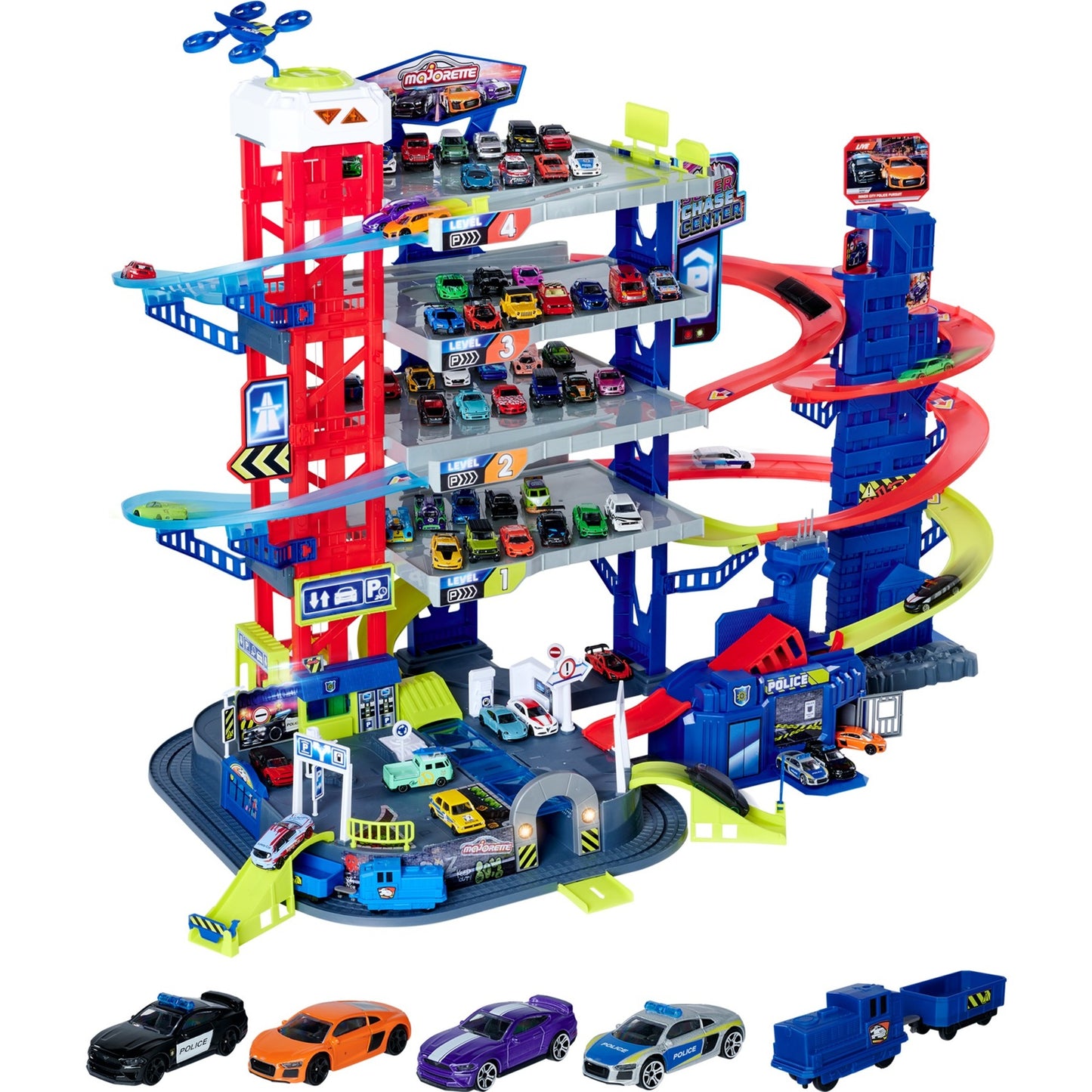 Majorette Super Chase Center mit 5 Fahrzeugen, Spielgebäude