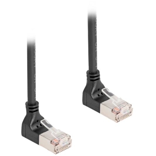 DeLOCK Patchkabel RJ-45 Cat.6a S/FTP, Slim 90° gewinkelt (schwarz, 0,5 Meter, nach unten abgewinkelte Stecker)