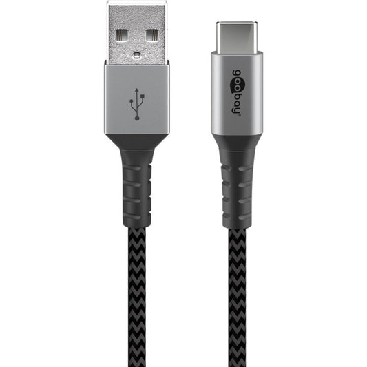 Goobay USB 2.0 Kabel, USB-A Stecker > USB-C Stecker (grau/silber, 2 Meter, Textilkabel mit Metallsteckern)