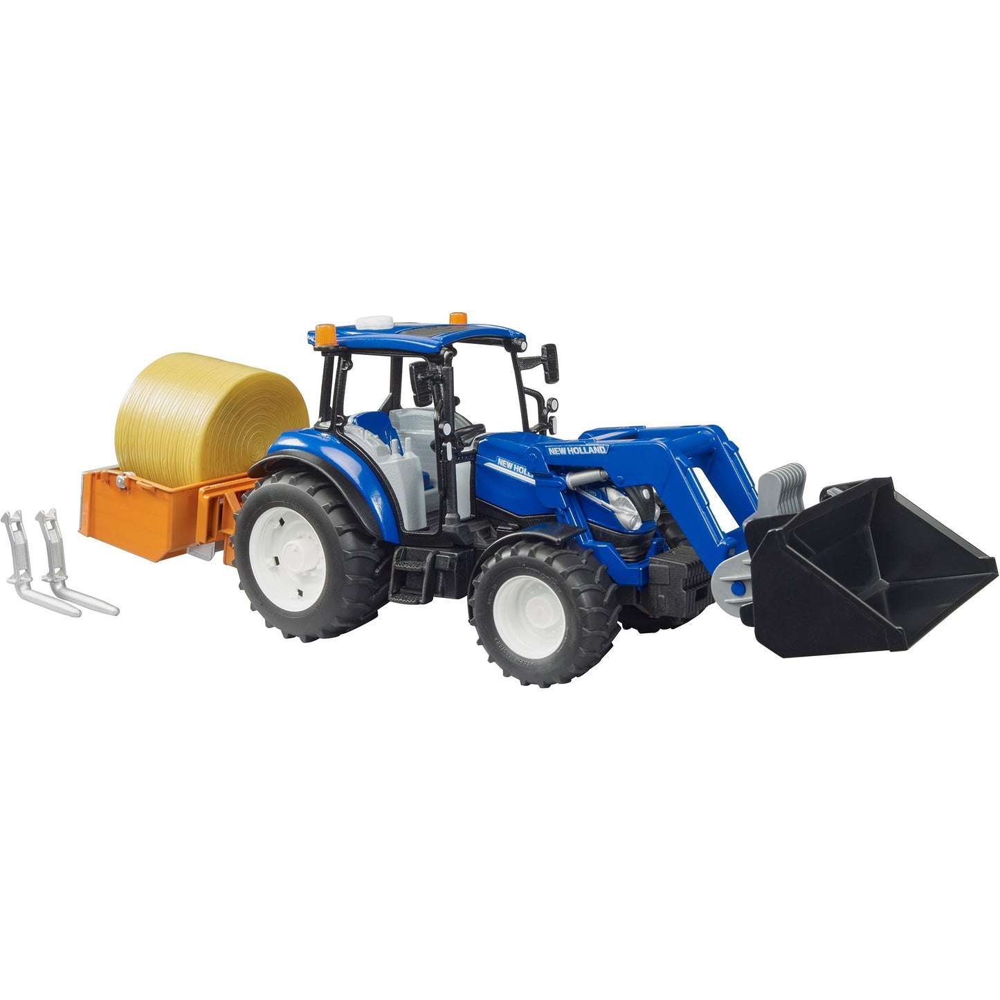 BRUDER New Holland T5.120 mit Frontlader, Ladekasten, Gabeln und Rundballen, Modellfahrzeug