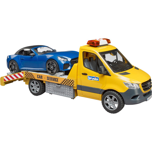 BRUDER MB Sprinter Autotransporter mit Light & Sound Modul (orange/blau, Inkl. Roadster)