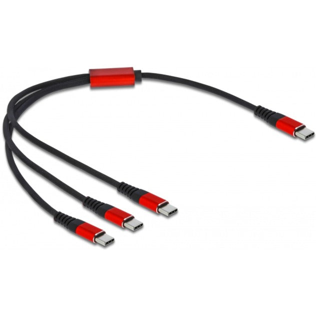 DeLOCK USB Ladekabel, USB-C Stecker > 3x USB-C Stecker (schwarz/rot, 30cm, gesleevt, nur Ladefunktion)
