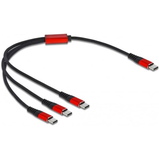 DeLOCK USB Ladekabel, USB-C Stecker > 3x USB-C Stecker (schwarz/rot, 30cm, gesleevt, nur Ladefunktion)