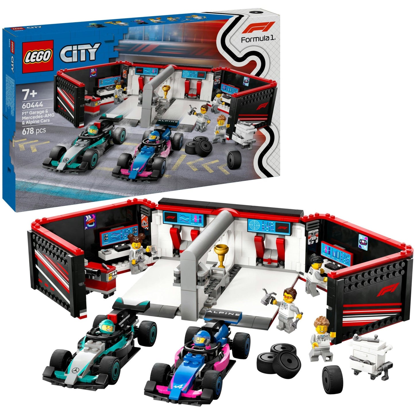 60444 City F1 Garage mit Mercedes-AMG & Alpine Rennautos, Konstruktionsspielzeug