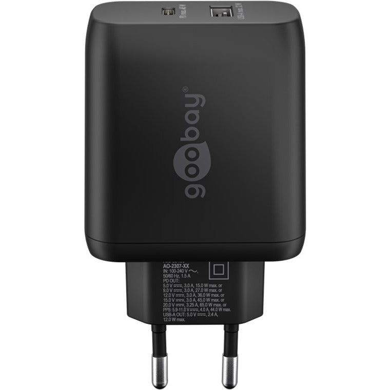 Goobay USB-C Dual-Schnellladegerät, PD, GaN, 65 Watt (schwarz, 1x USB-C, 1x USB-A, Power Delivery)