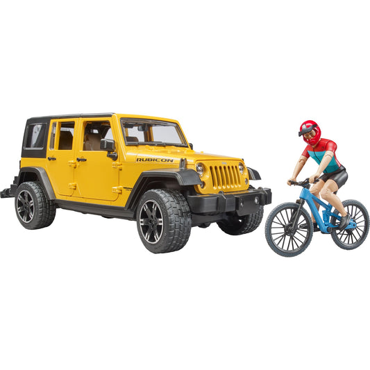 BRUDER Jeep Wrangler Rubicon Unlimited (gelb/schwarz, Inkl. Mountainbike und Radfahrer)