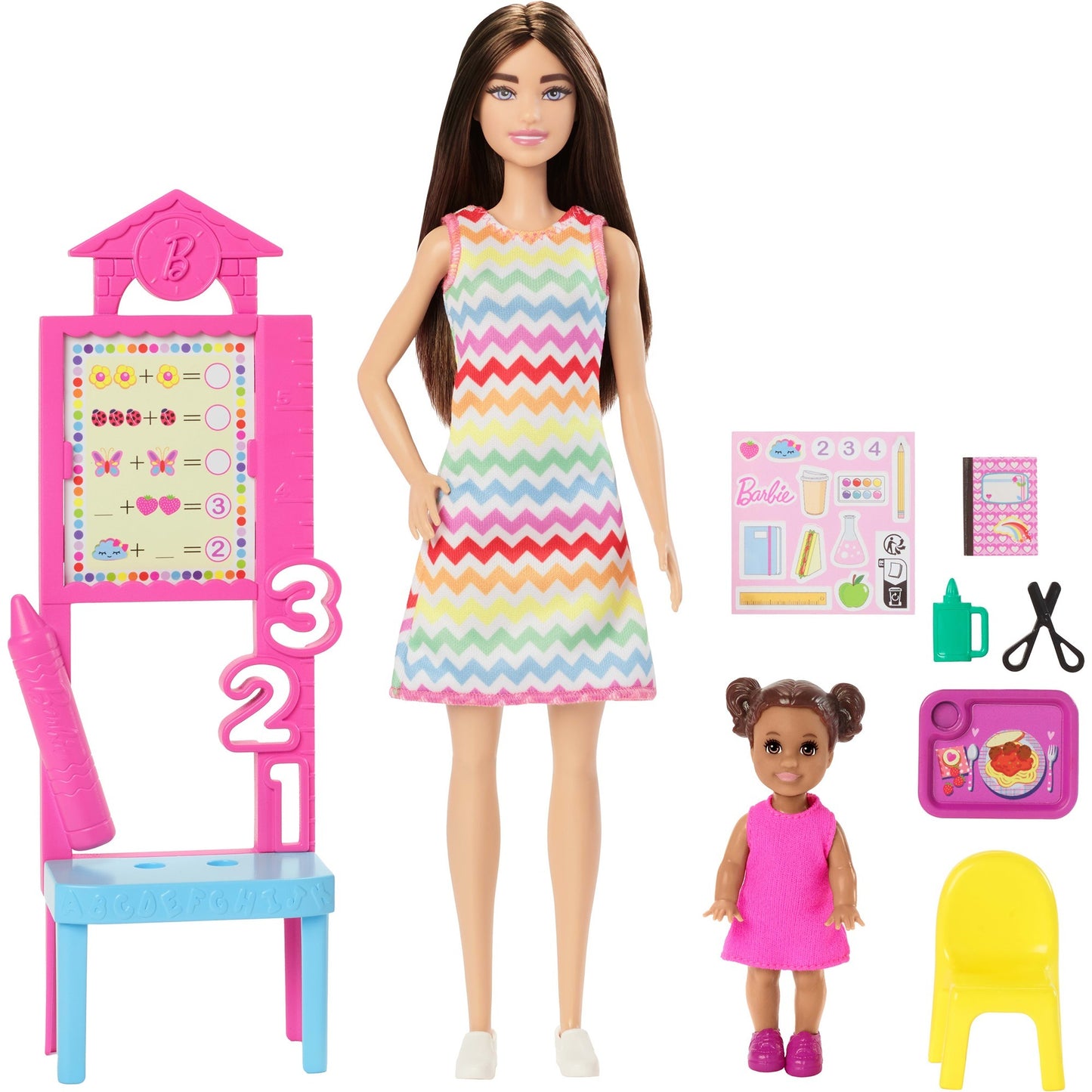 Barbie Lehrerin-Puppe mit Kleinkind-Puppe und Unterrichtszubehör