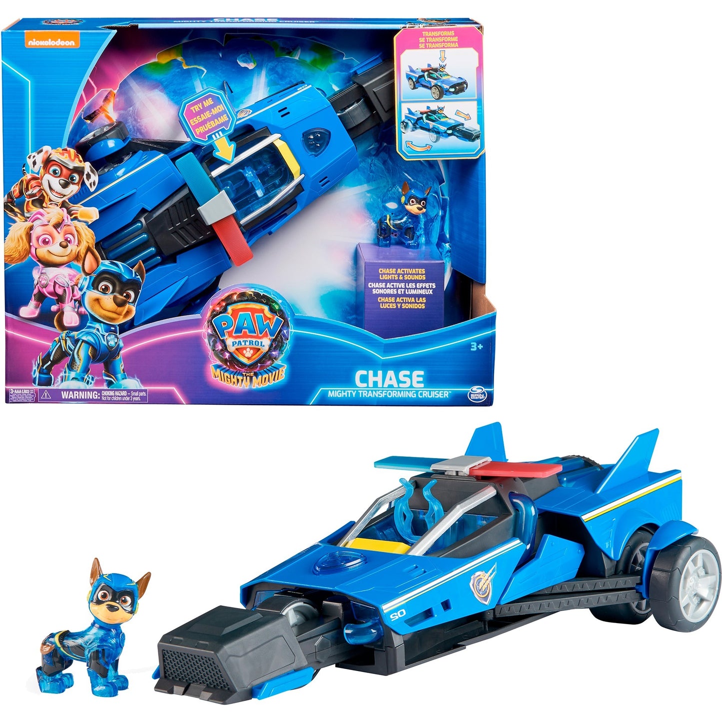 Spinmaster Paw Patrol: Der Mighty Kinofilm, Chases Deluxe Superhelden-Raketenfahrzeug (blau/schwarz, inkl. Chase Figur)