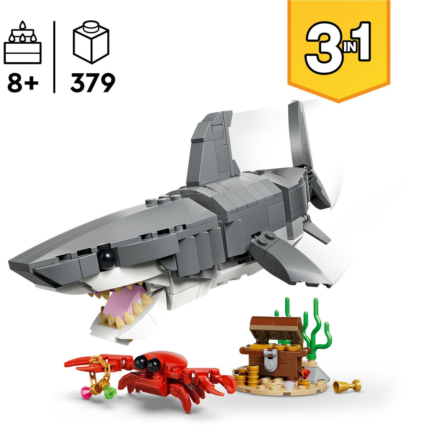 31381 Creator 3-in-1 Wilder Hai mit Schatztruhe, Konstruktionsspielzeug