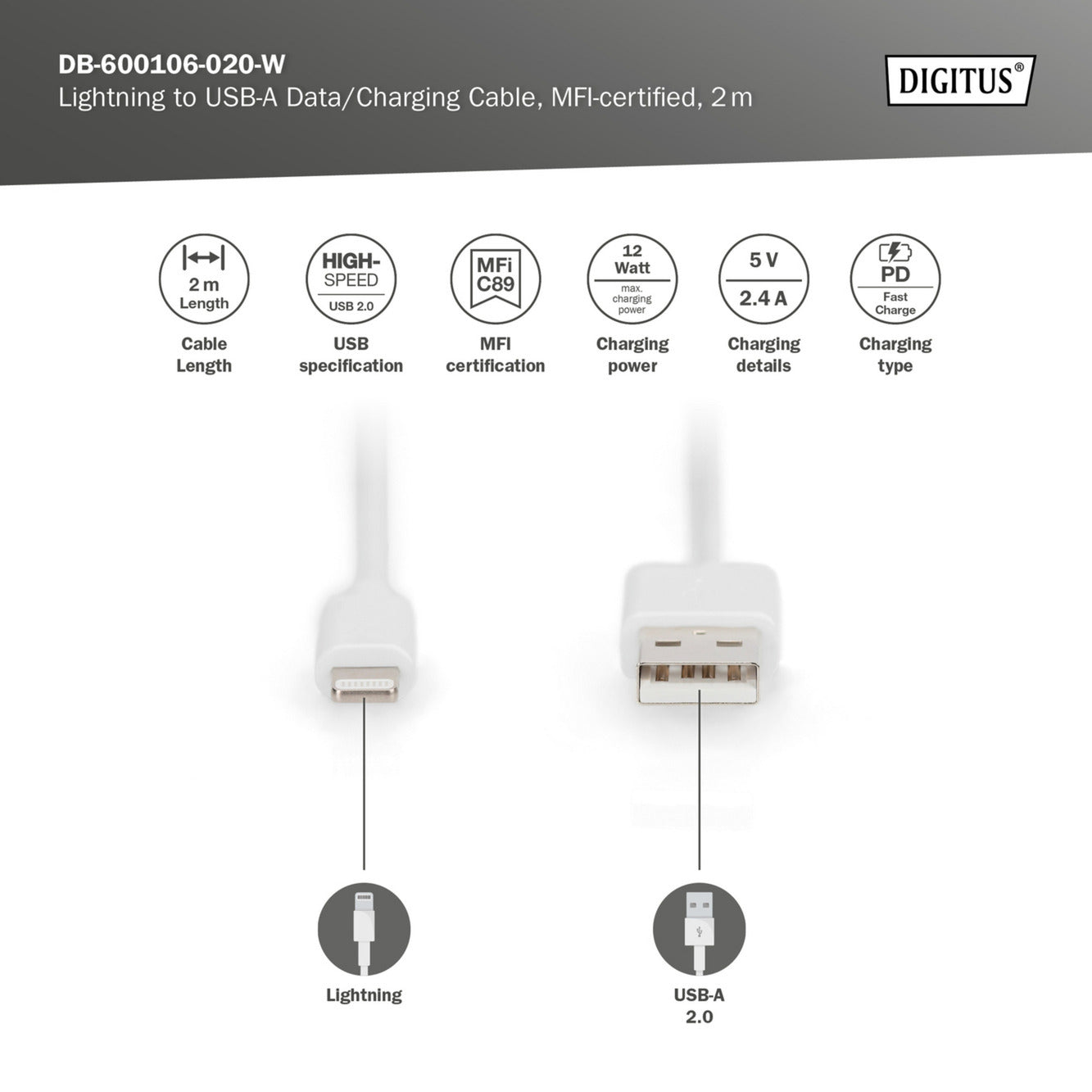 USB 2.0 Daten-/Ladekabel USB-A > Lightning, MFI zertifiziert