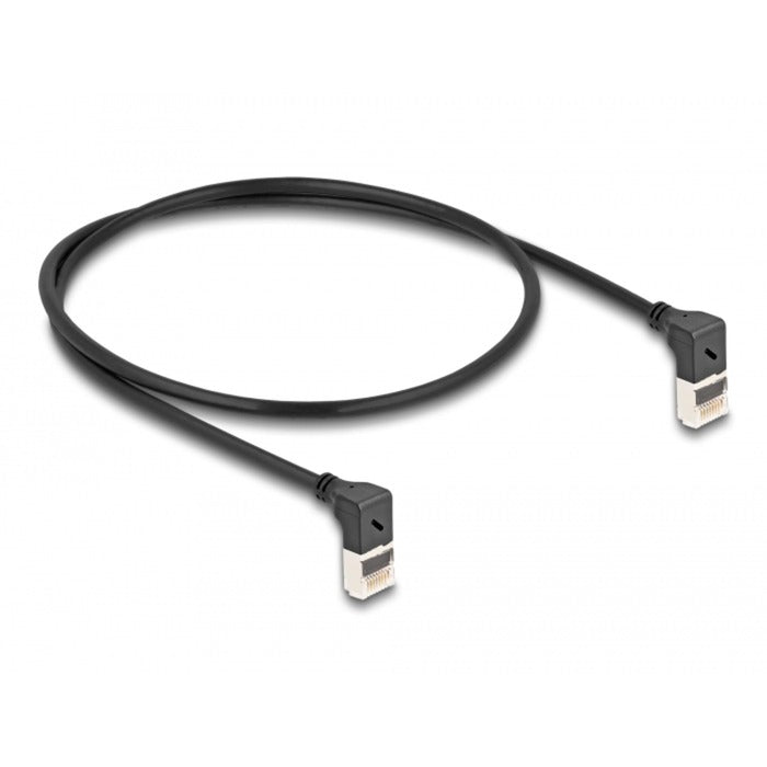 DeLOCK Patchkabel RJ-45 Cat.6a S/FTP, Slim 90° gewinkelt (schwarz, 0,5 Meter, nach unten abgewinkelte Stecker)