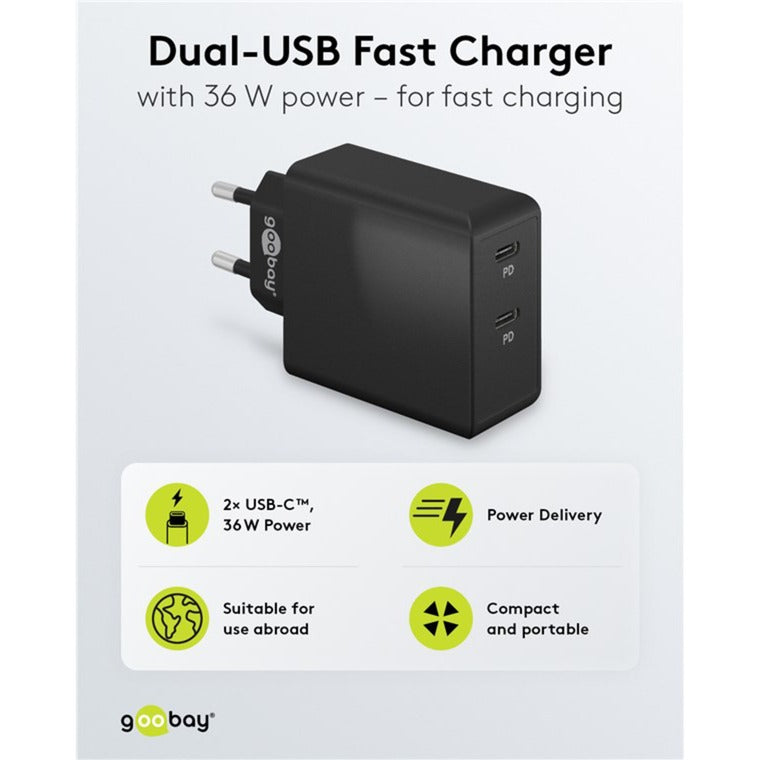 Goobay USB-C Dual-Schnellladegerät 36 Watt (schwarz, 2x USB-C, Power Delivery)