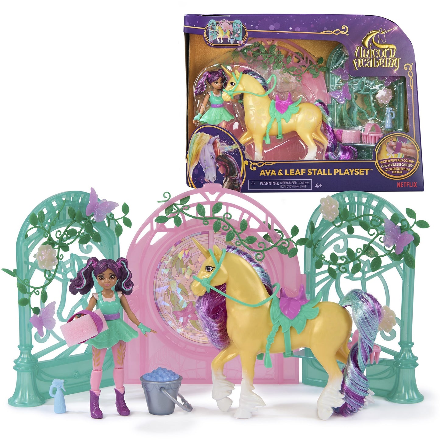 Unicorn Academy - Ava & Einhorn Leaf Stall Spielset mit Farbwechseleffekt, Spielfigur