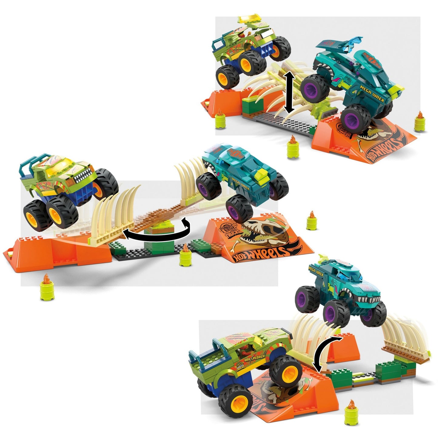 Mattel MEGA Hot Wheels Monster Trucks Mega-Wrex Knochen Crash Stuntbahn, Konstruktionsspielzeug