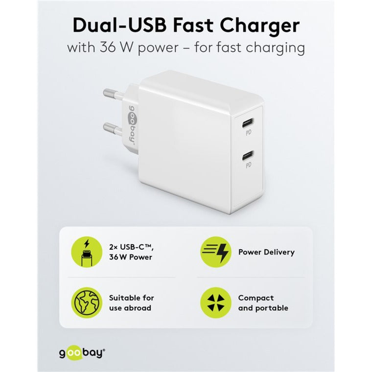 Goobay USB-C Dual-Schnellladegerät 36 Watt (weiss, 2x USB-C, Power Delivery)