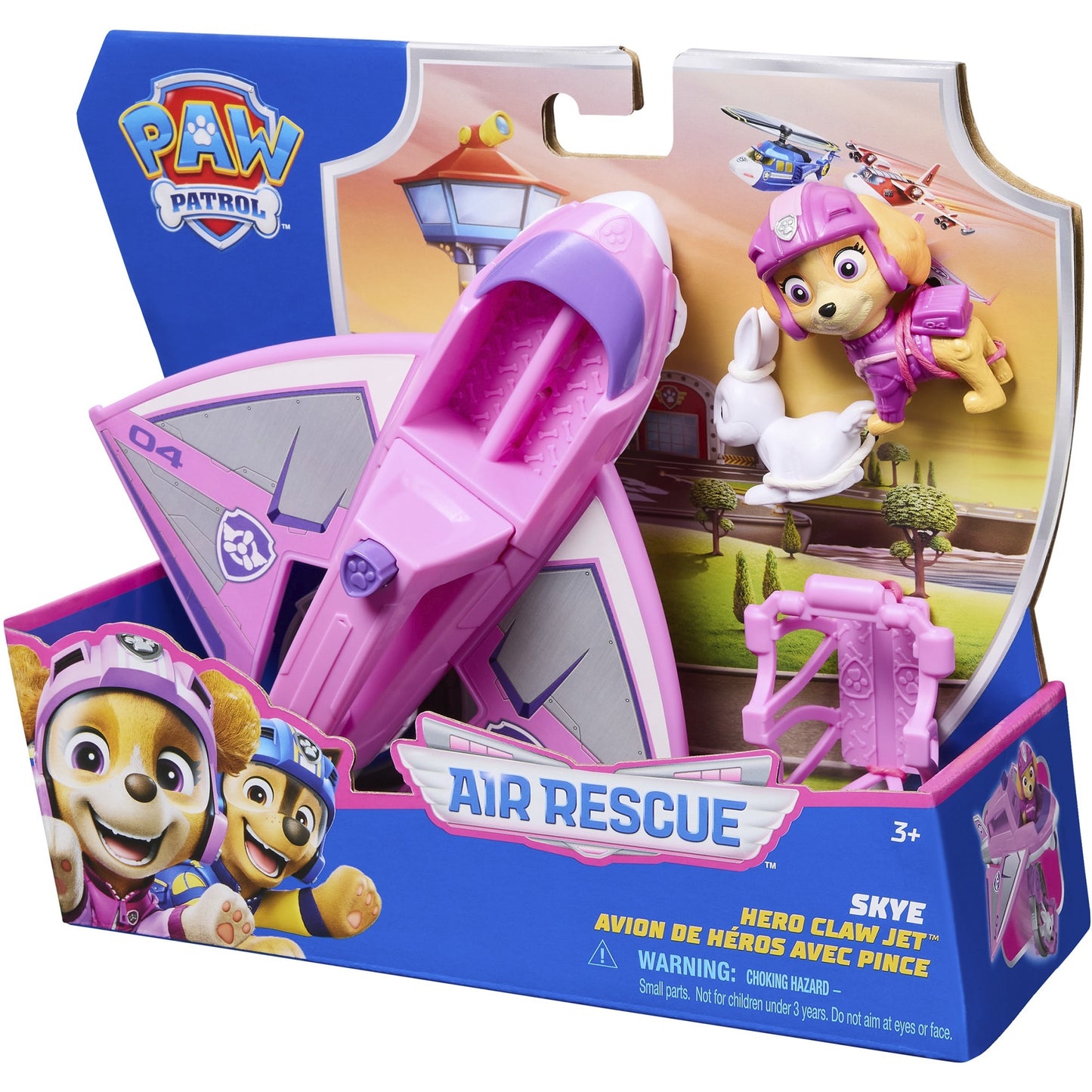 Paw Patrol Air Rescue - Skyes Rettungsflugzeug mit einziehbarer Klaue und Rettungskorb, mit Skye Spielfigur und Hase, Spielfahrzeug