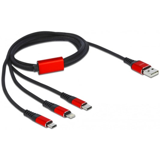 DeLOCK USB Ladekabel, USB-A Stecker > 2x USB-C + Lightning Stecker (schwarz/rot, 1 Meter, gesleevt, nur Ladefunktion)