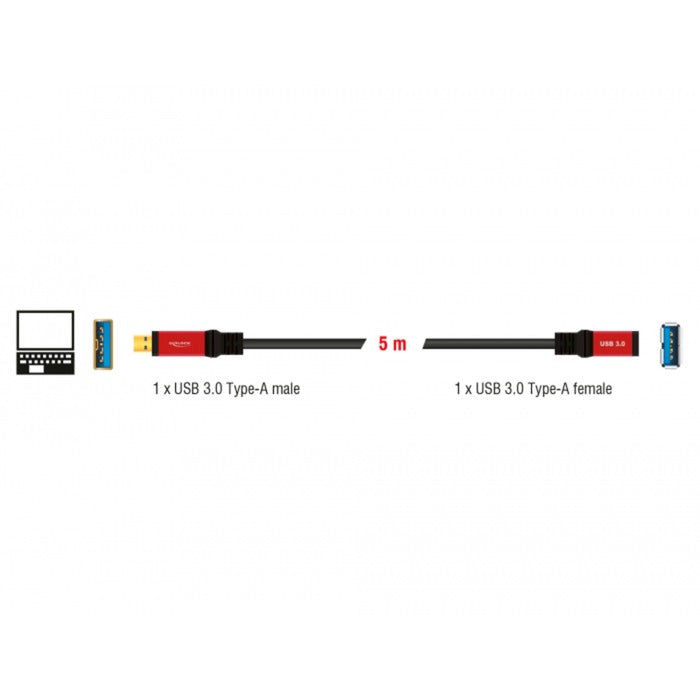 DeLOCK USB 3.2 Gen 1 Verlängerungskabel, USB-A Stecker > USB-A Buchse (schwarz/rot, 5 Meter, SuperSpeed)