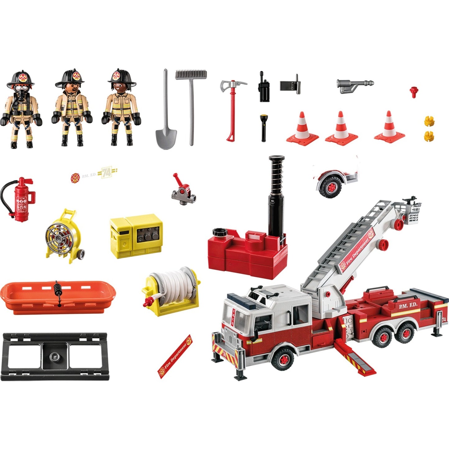 Playmobil 70935 City Action Feuerwehr-Fahrzeug: US Tower Ladder (mehrfarbig, Mit Licht, Sound und funktionierender Wasserkanone)