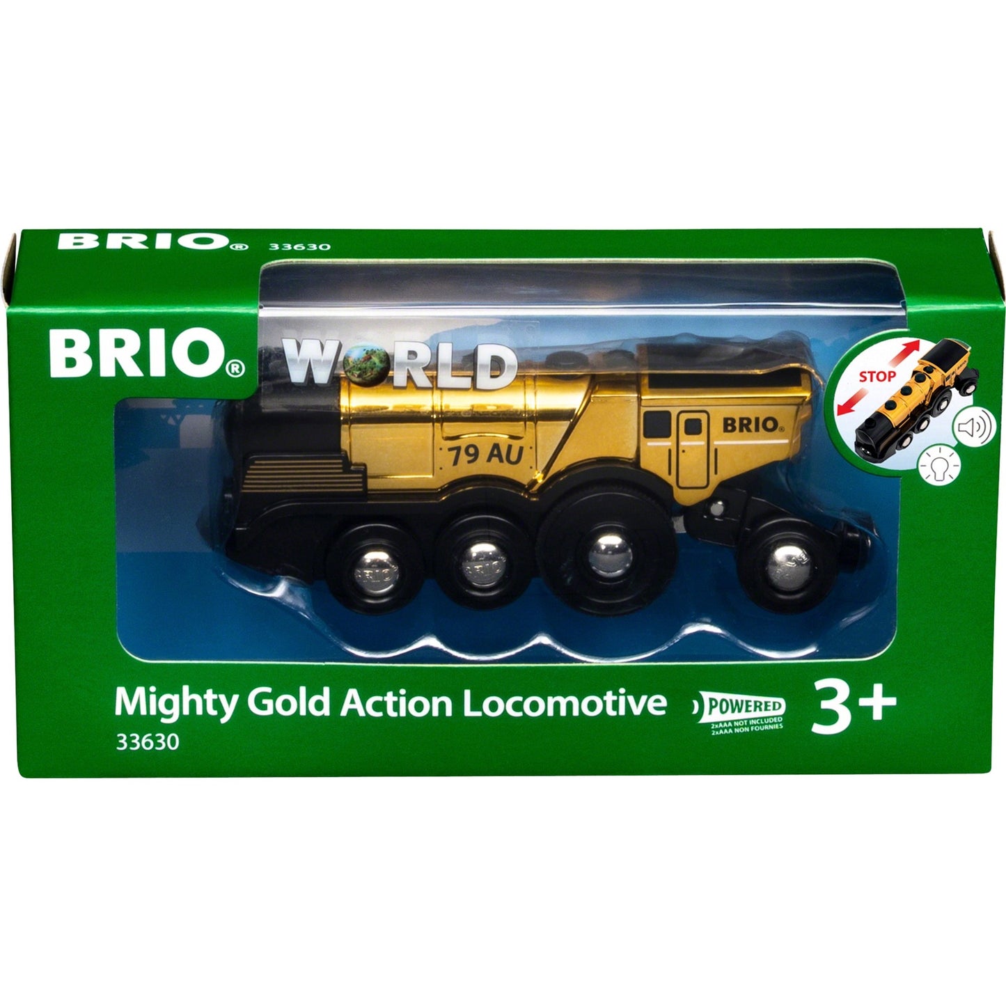 BRIO Goldene Batterielok mit Licht und Sound, Spielfahrzeug