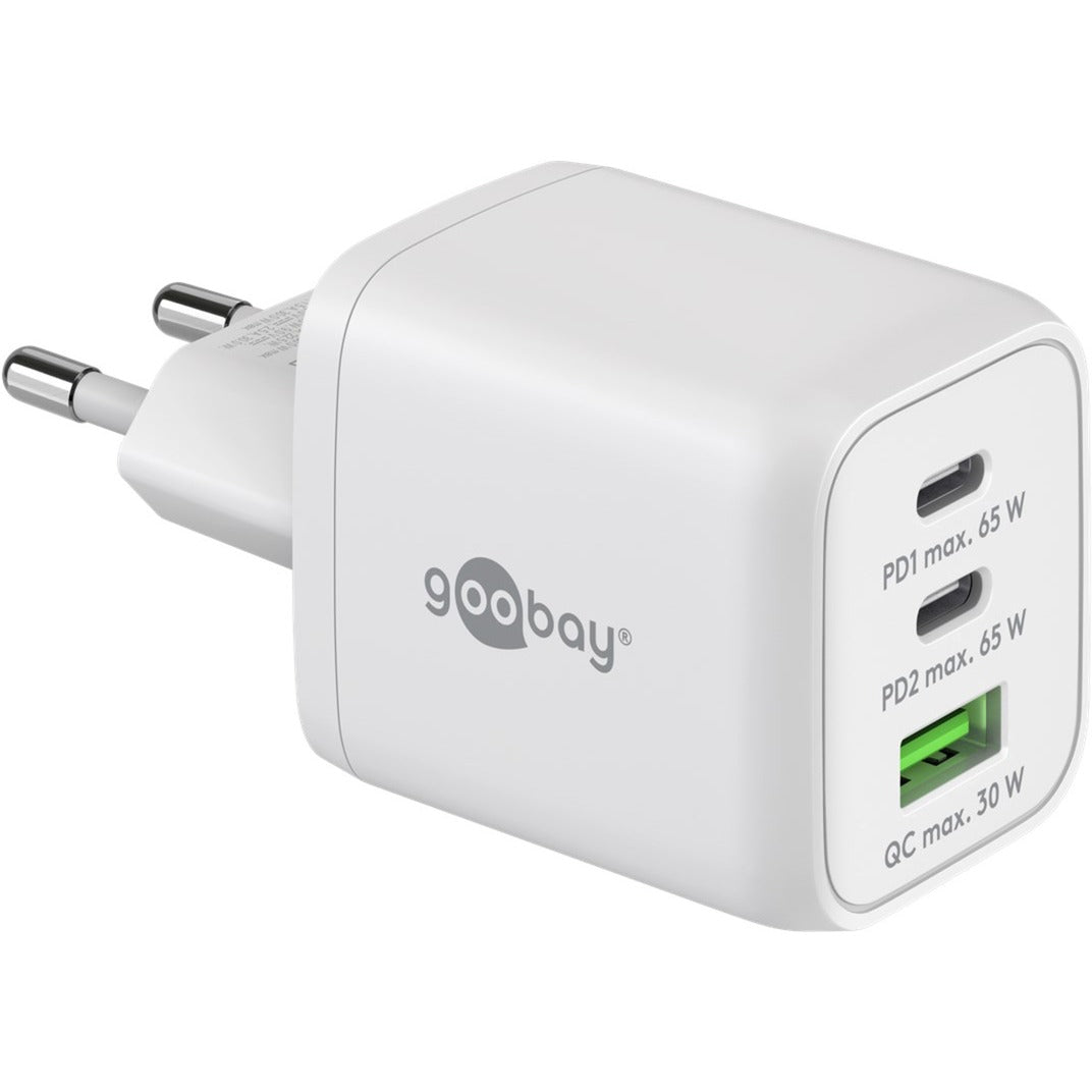 Goobay USB-C Schnellladegerät Nano, PD, GaN, 65 Watt (weiss, 1x USB-A, 2x USB-C PD, Charge 3.0)