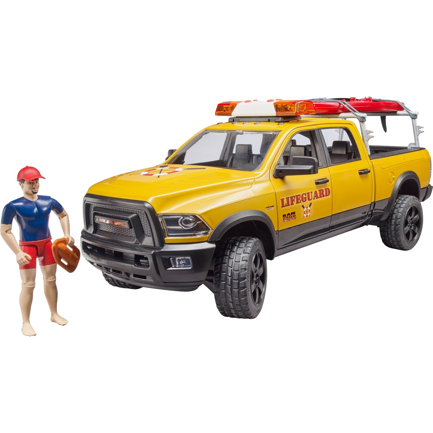 BRUDER RAM 2500 Power Wagon Life Guard (gelb/schwarz, Inkl. Figur, Stand Up Paddle und Light & Sound Modul)