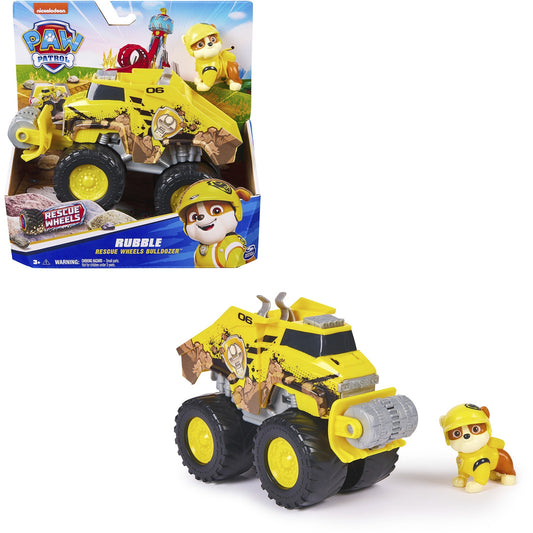 Paw Patrol Rescue Wheels - Rubbles Bulldozer Monstertruck mit Rubble Hundefigur, Spielfahrzeug
