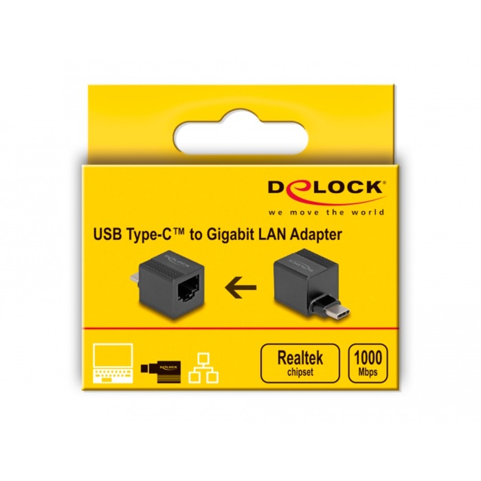 DeLOCK USB 3.2 Gen 1 Adapter mini, USB-C Stecker > RJ-45 Buchse (schwarz, 90° abgewinkelt, Gigabit LAN 10/100/1.000 Mbit/s)