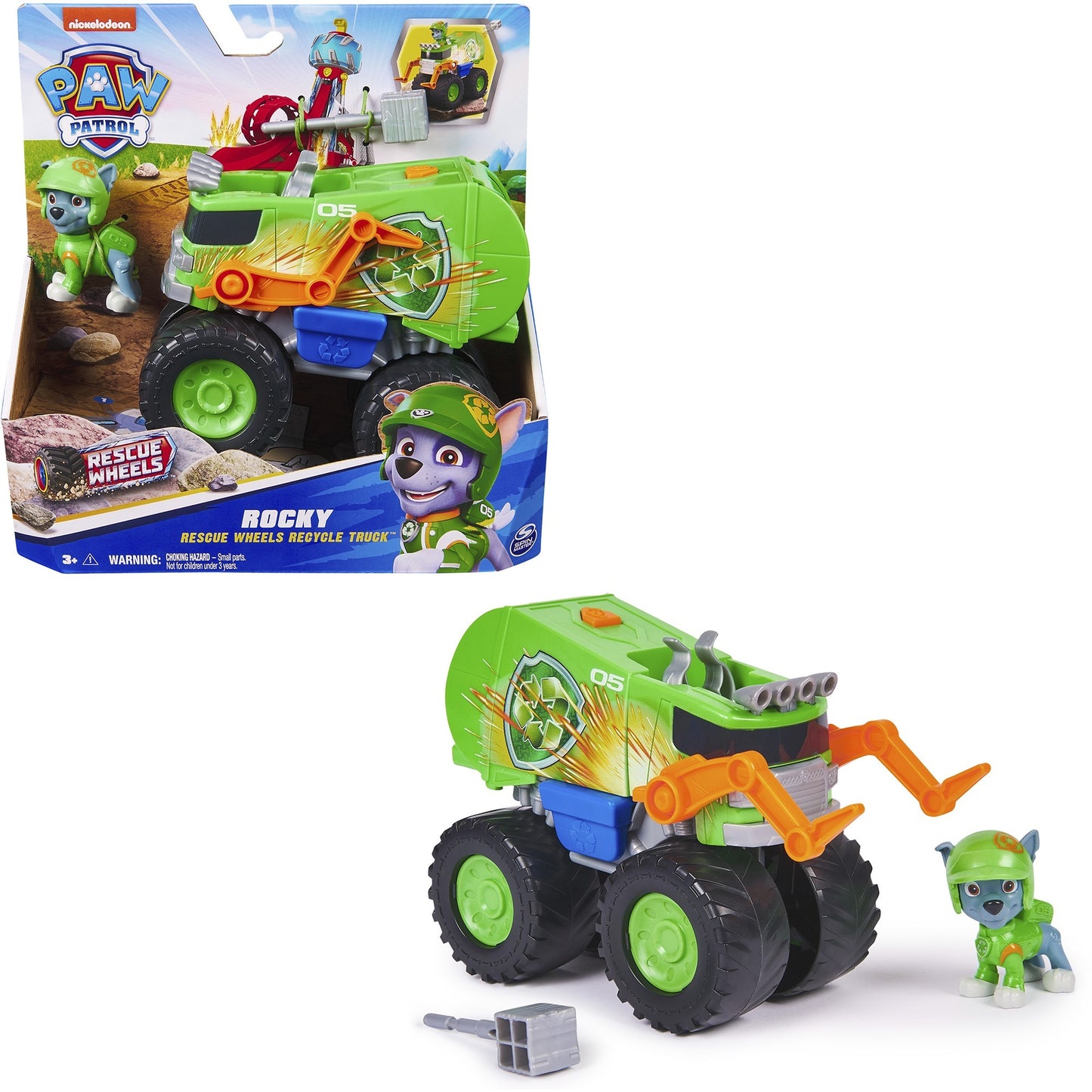 Paw Patrol Rescue Wheels -  Rockys Recycling Monstertruck mit Geschoss-Abwurf und Rocky Hundefigur, Spielfahrzeug