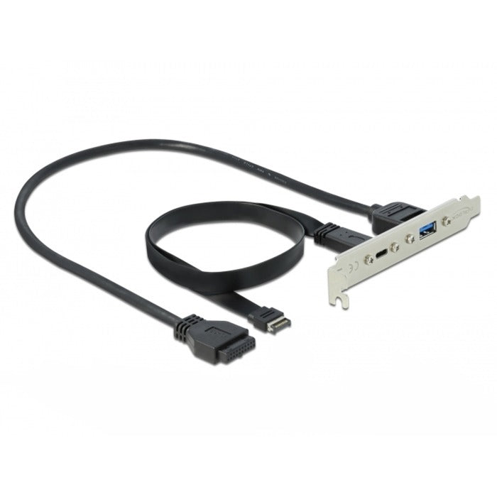 DeLOCK USB 3.2 Gen 2 Slotblende, Key A Stecker + 19 Pin > USB-C + USB-A Buchse (schwarz, 50cm Kabel, Laden mit bis zu 60 Watt)