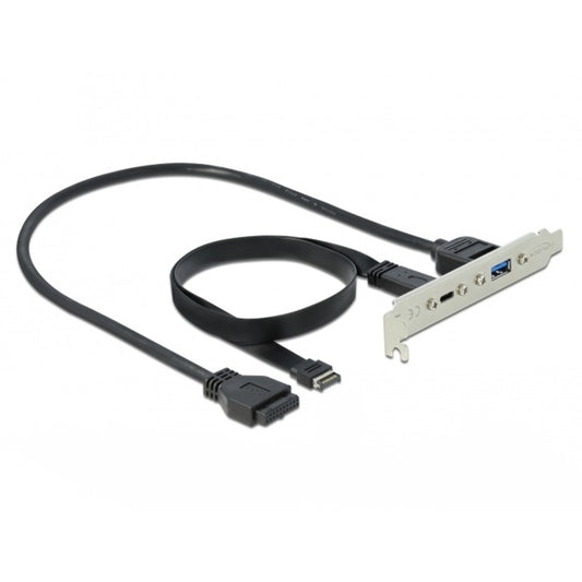 DeLOCK USB 3.2 Gen 2 Slotblende, Key A Stecker + 19 Pin > USB-C + USB-A Buchse (schwarz, 50cm Kabel, Laden mit bis zu 60 Watt)