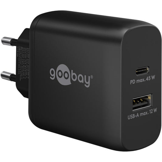 Goobay USB-C PD Dual-Schnellladegerät 45 Watt (schwarz, 1x USB-A, 1x USB-C PD, GaN-Technologie)