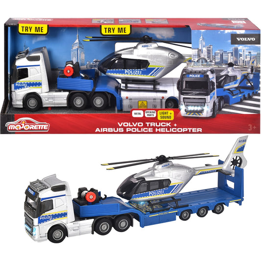 Majorette Volvo Polizei-Transporter FH-16 LKW mit Auflieger und Airbus Hubschrauber (blau/silber)