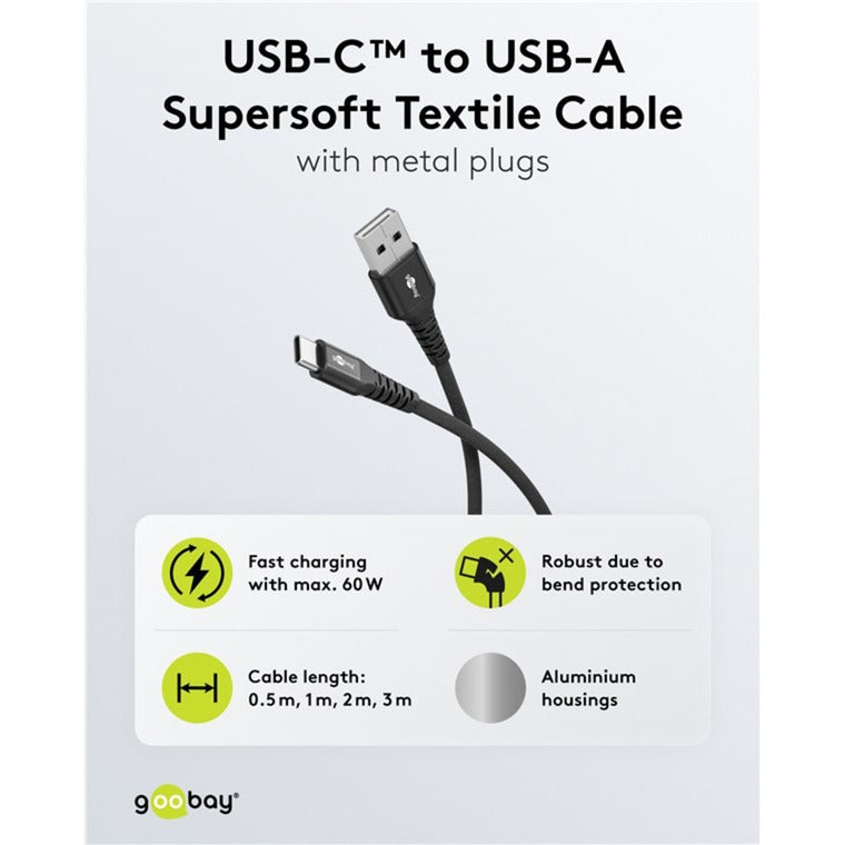 Supersoftes USB 2.0 Textilkabel, USB-A Stecker > USB-C Stecker
