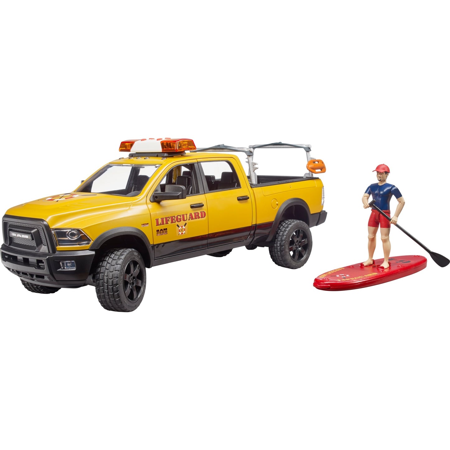 BRUDER RAM 2500 Power Wagon Life Guard (gelb/schwarz, Inkl. Figur, Stand Up Paddle und Light & Sound Modul)