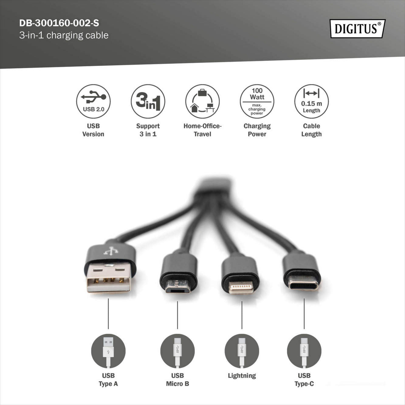 3-in-1 Ladekabel, USB-A 2.0 > Lightning + USB-C + Micro-USB