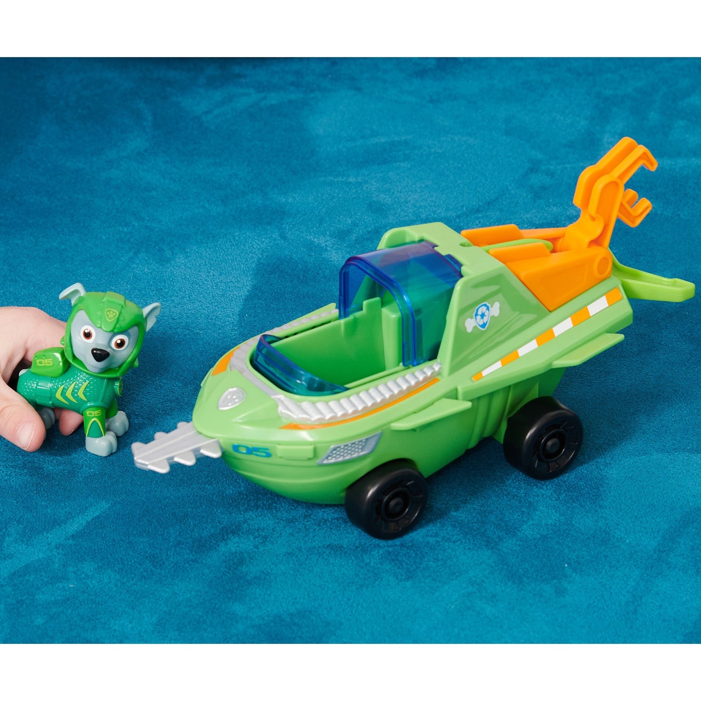 Spin Master PAW Patrol Aqua Pups - Basis Fahrzeug im Sägefisch-Design mit Rocky-Welpenfigur, Spielfahrzeug