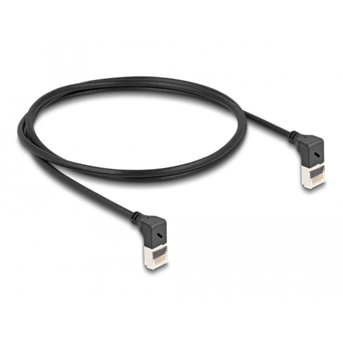 DeLOCK Patchkabel RJ-45 Cat.6a S/FTP, Slim 90° gewinkelt (schwarz, 1 Meter, nach unten abgewinkelte Stecker)