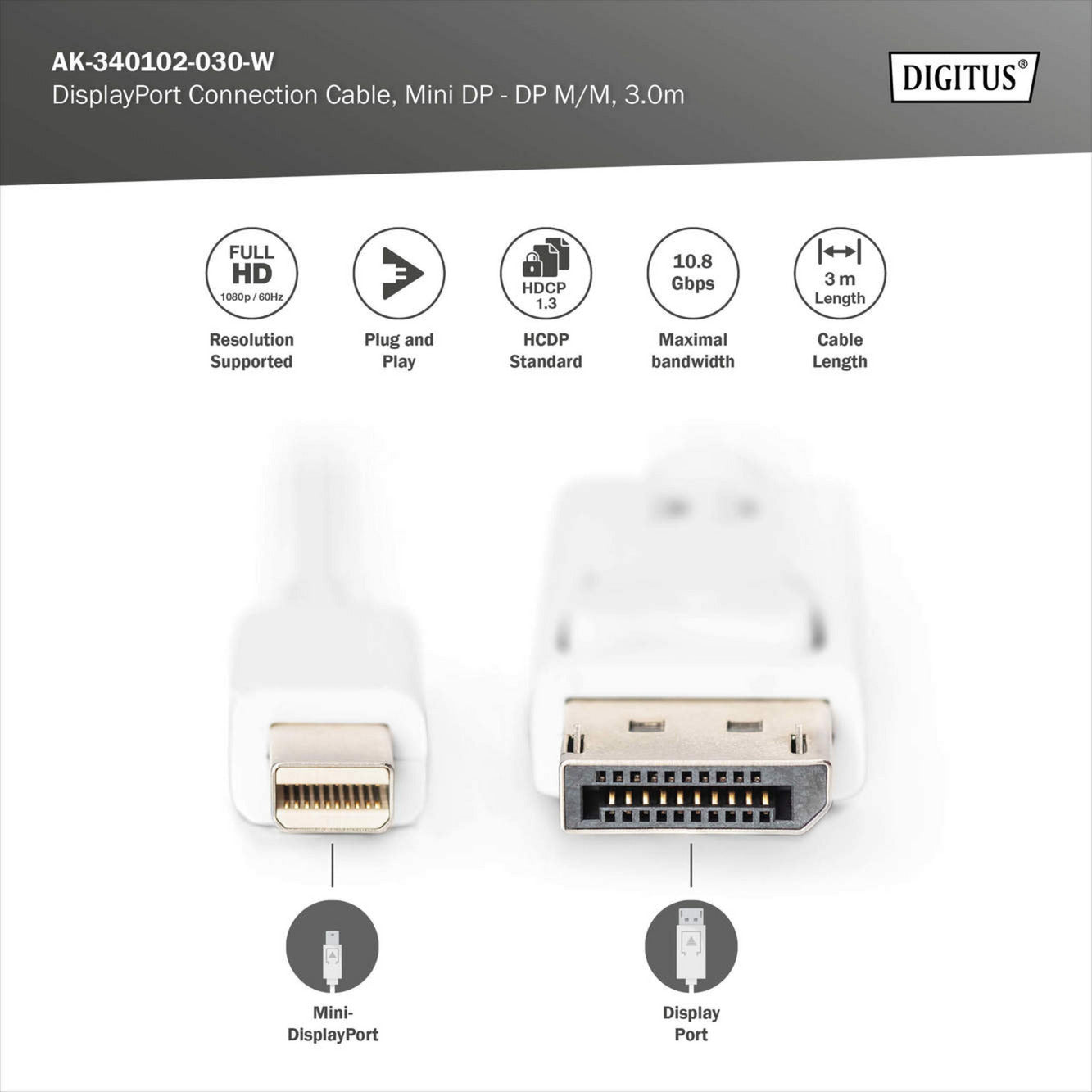 mini-DisplayPort > DisplayPort Anschlusskabel, Full HD 1080p