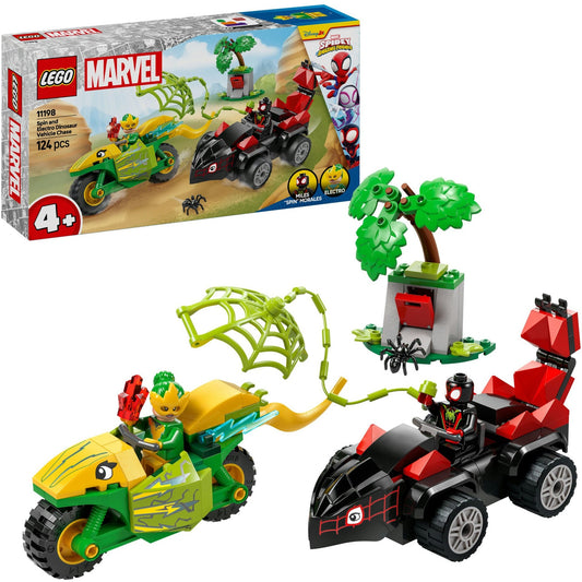 11198 Marvel Spidey und seine Super-Freunde Actionspass mit Spin und Electro in ihren Dino-Flitzern, Konstruktionsspielzeug