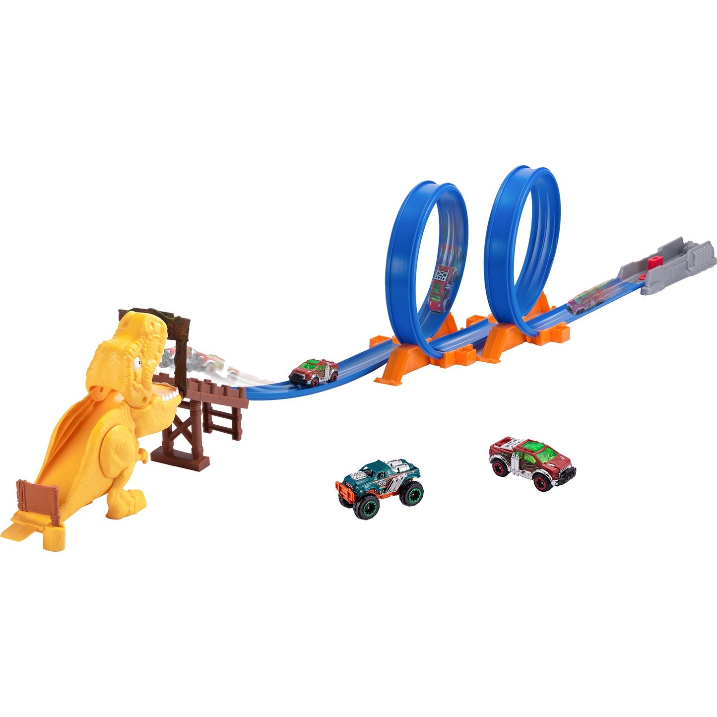 Metal Machines - Spielset T-Rex Angriff Rennbahn mit Looping + Auto