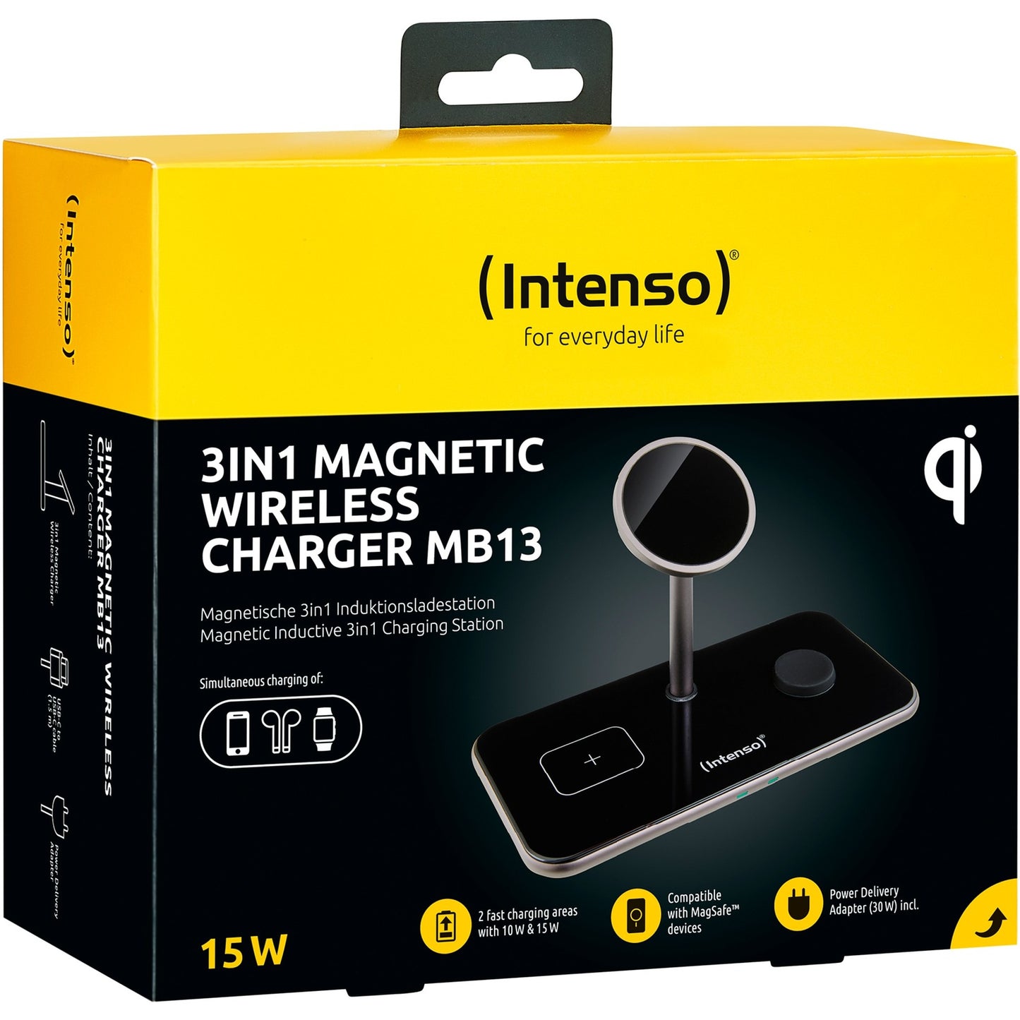 Intenso 3in1 Magnetic Wireless Charging Stand MB13 (schwarz, für iPhones mit MagSafe, TWS und Watch, PD3.0, Quick Charge 3.0)