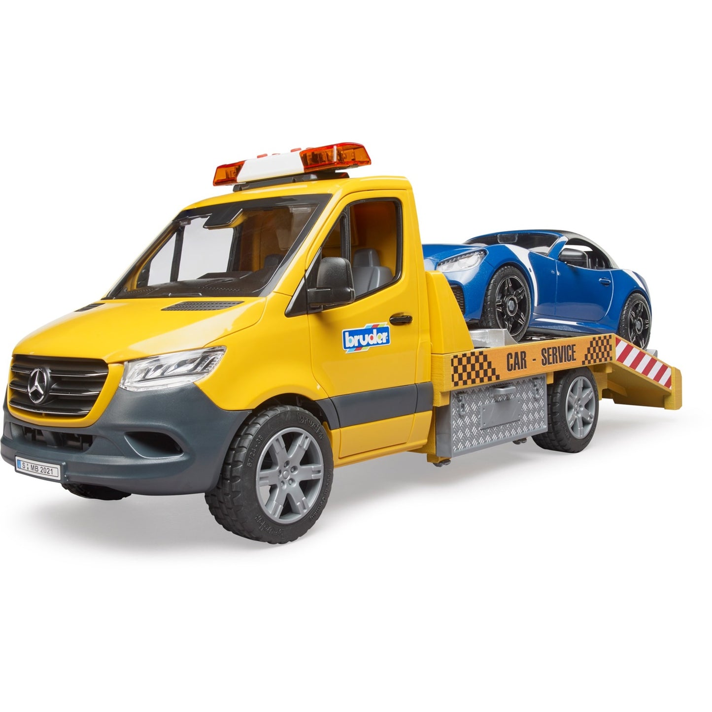 BRUDER MB Sprinter Autotransporter mit Light & Sound Modul (orange/blau, Inkl. Roadster)